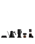 Five sleek Fellow brew bar tools and jars for perfect coffee, arranged in a row.