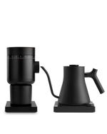 The Electric Kit by Fellow: sleek black grinder and kettle, perfect for home baristas.