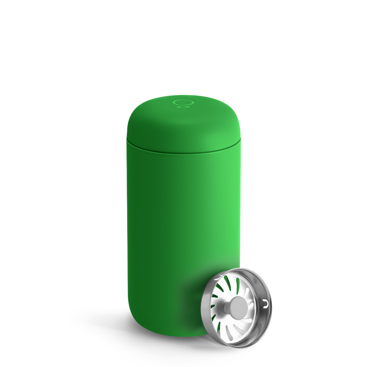 A Sporty Green Fellow Carter Move Mug with metal infuser lid beside it.
