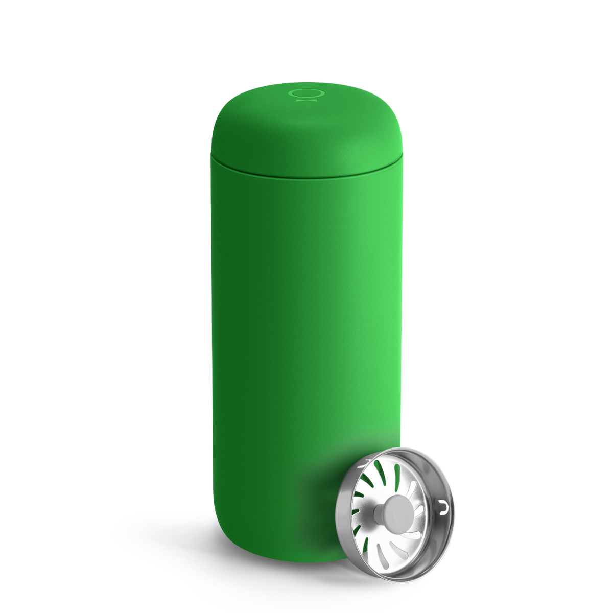 Fellow Carter Move Mug in Sporty Green with metal strainer, shown on a plain white background.