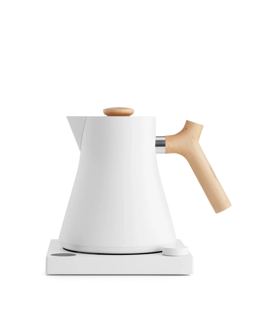 Fellow Rebrew Corvo EKG electric kettle, white with wood handle, variable temp control.