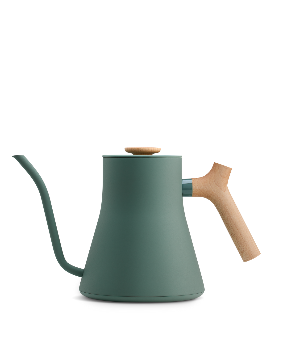 Fellow Stagg EKG Electric Kettle body in Smoke Green + Maple, on a white background.