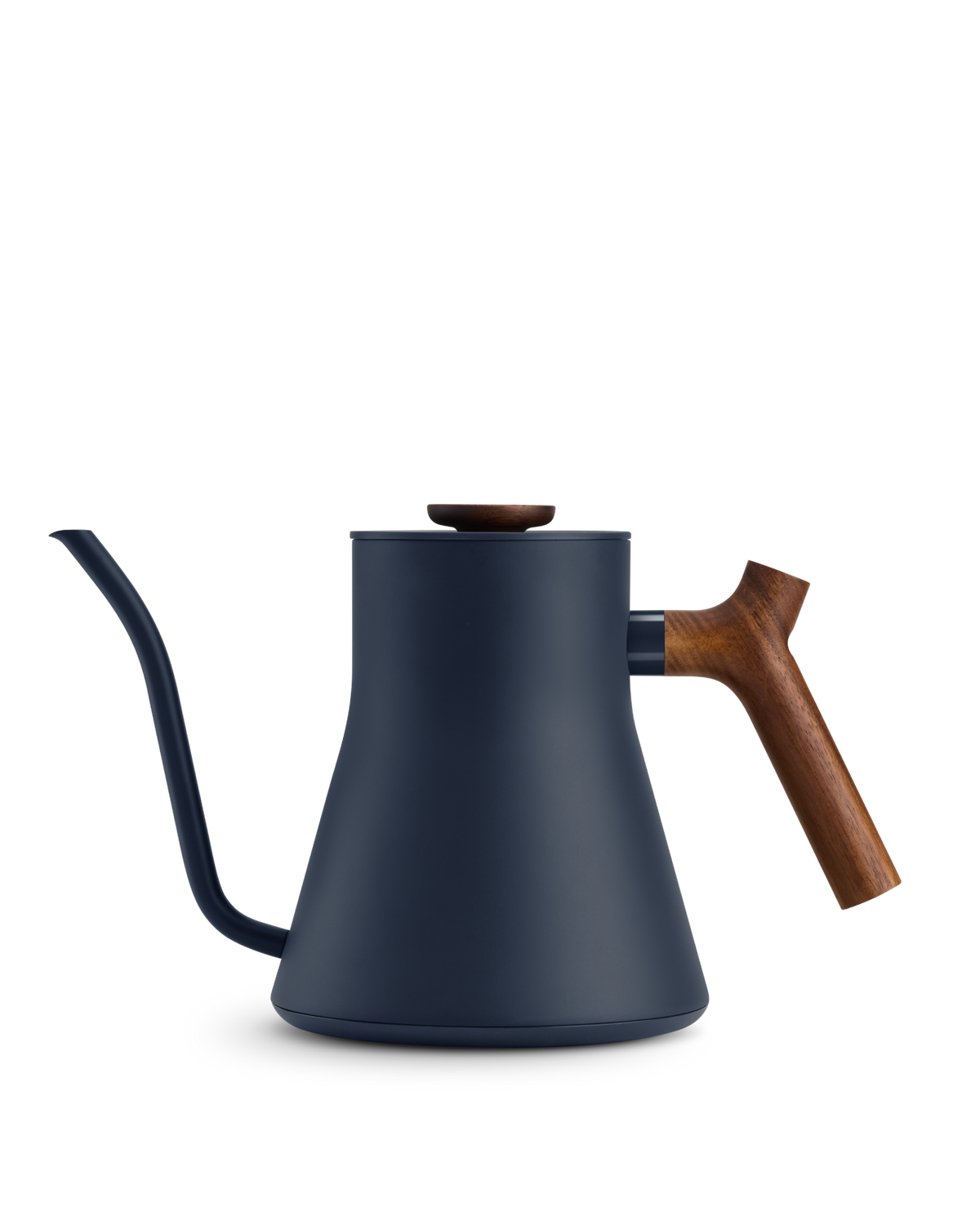 Stone Blue + Walnut Fellow Stagg EKG electric kettle body, shown on a white background.