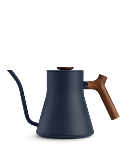 Stone Blue + Walnut Fellow Stagg EKG electric kettle body, shown on a white background.