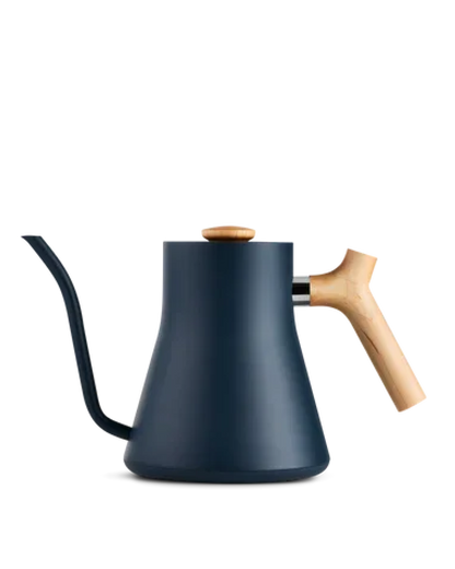 Fellow Stagg EKG Electric Kettle Body in Stone Blue + Maple, shown on white background.